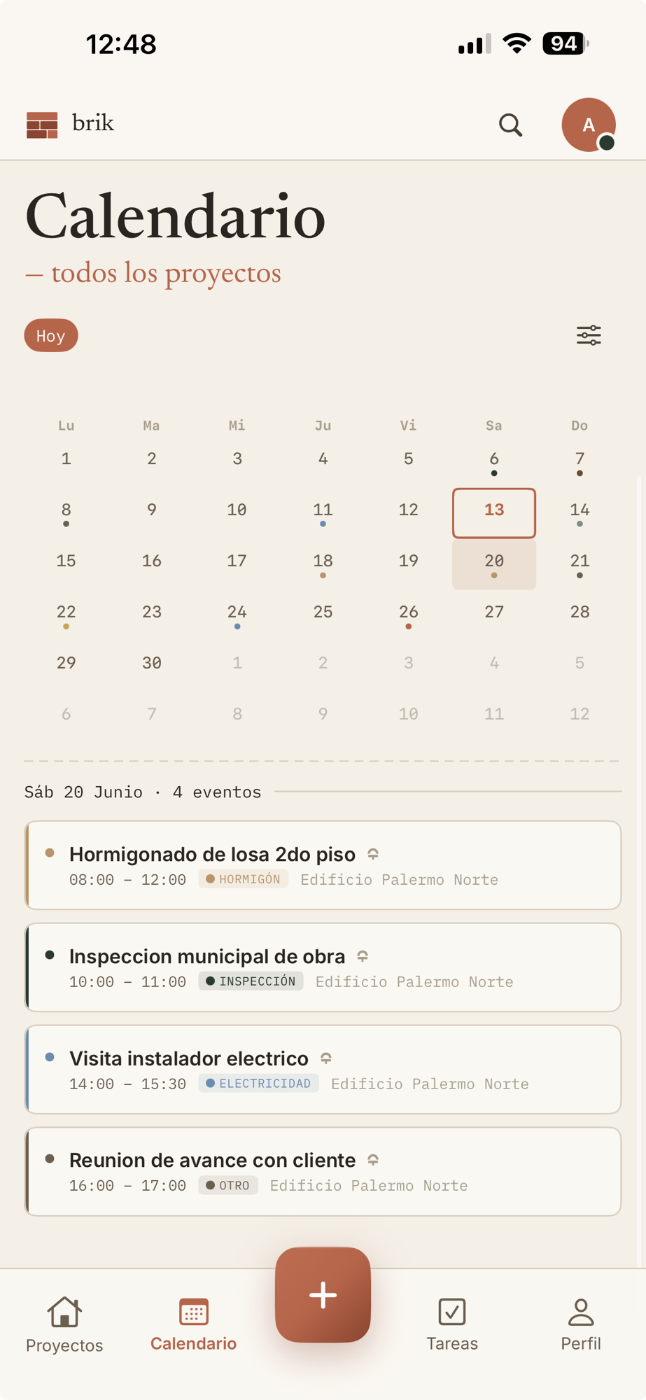 Calendario de obra de la app Brik