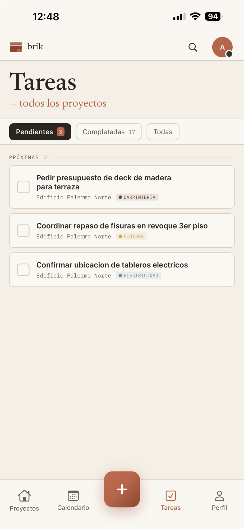 Lista de tareas pendientes en la app Brik